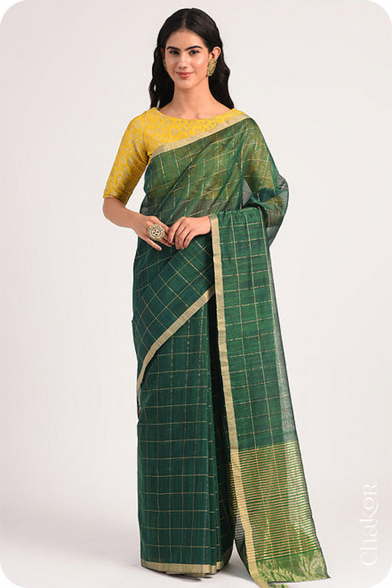 Chakor's Green Chanderi Silk Cotton Saree with woven tissue zari chex.. 