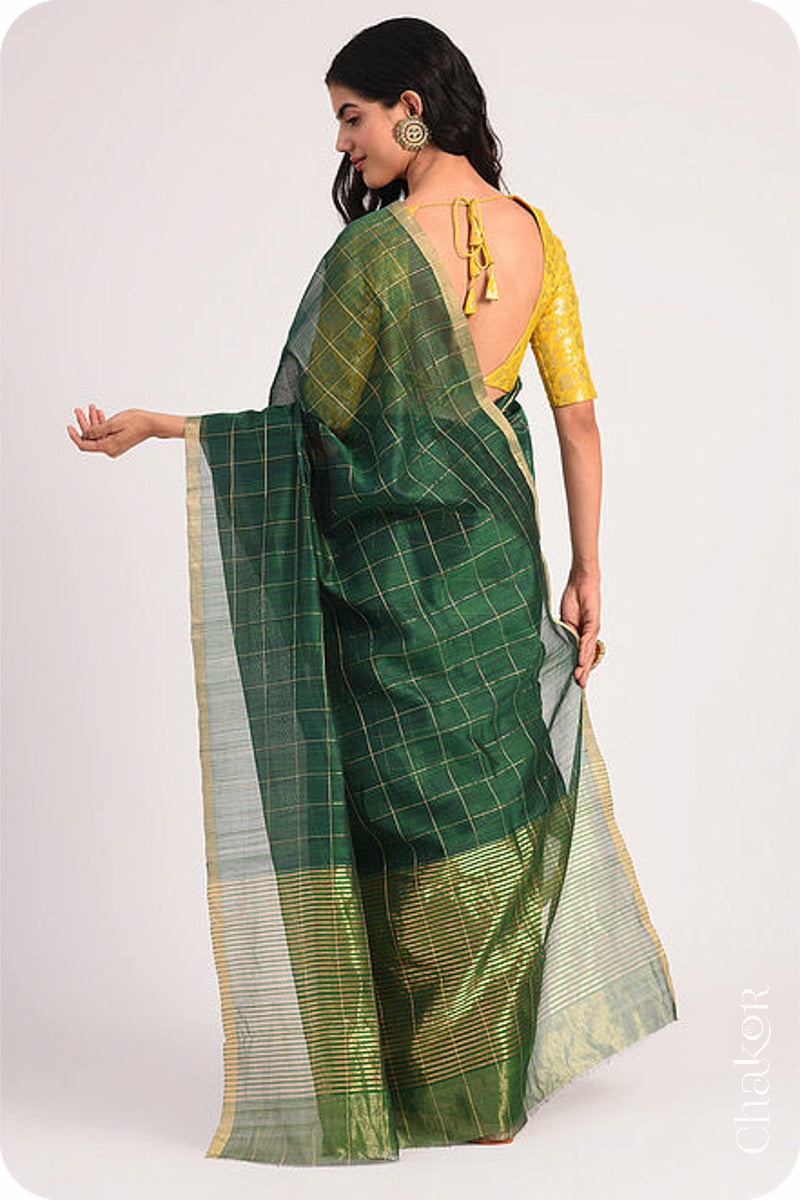 Chakor's Green Chanderi Silk Cotton Saree with woven tissue zari chex.. 