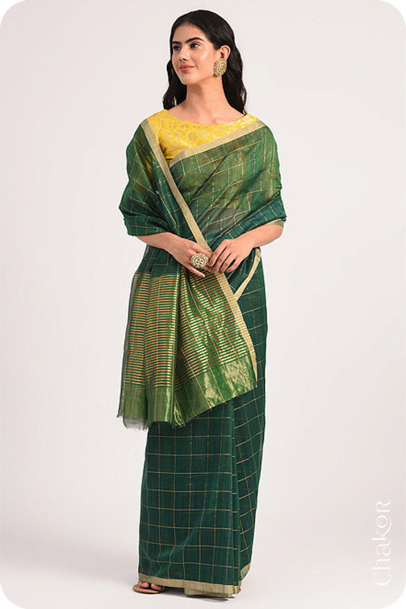 Chakor's Green Chanderi Silk Cotton Saree with woven tissue zari chex.. 