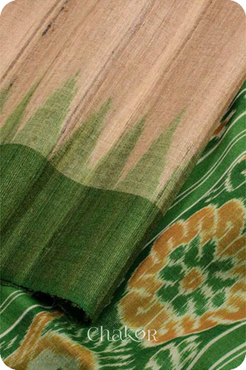 Natural Off-white Green Tussar Silk Saree