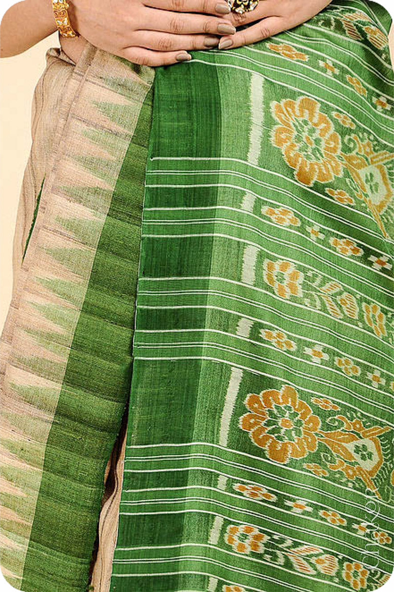 Natural Off-white Green Tussar Silk Saree