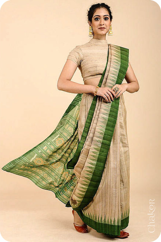Natural Off-white Green Tussar Silk Saree