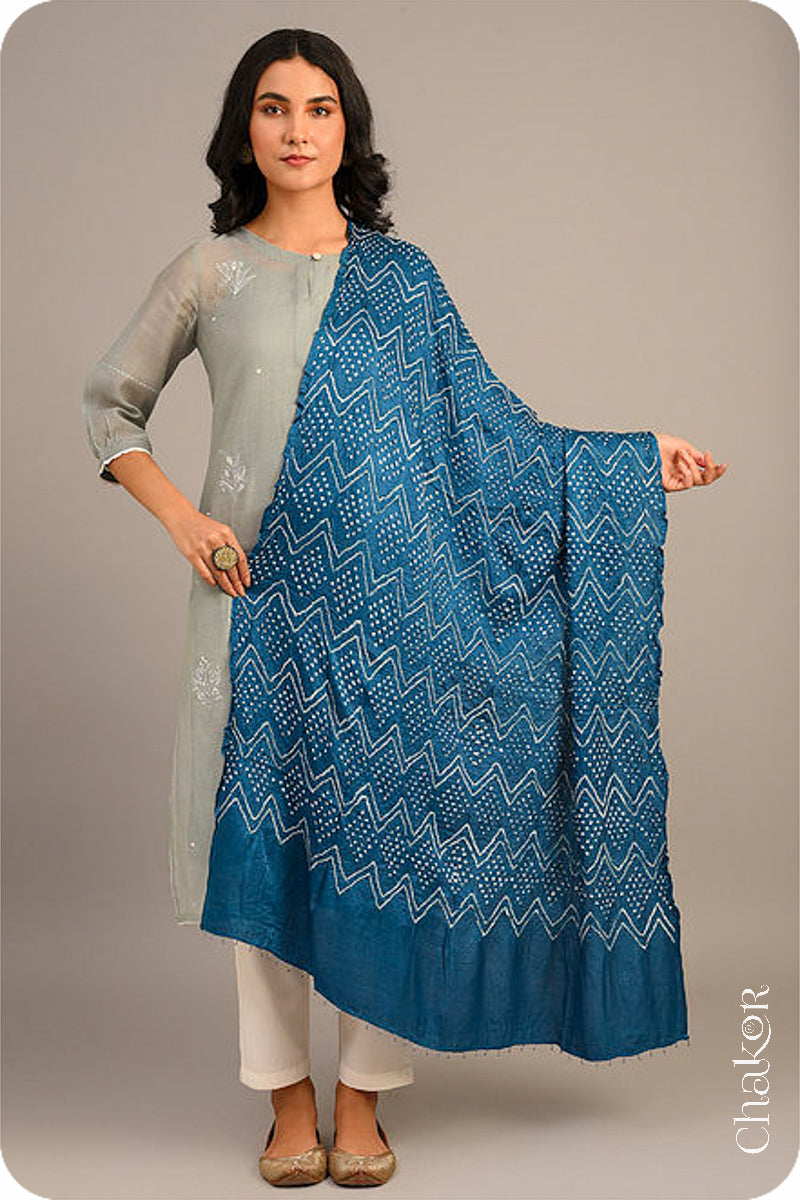 Blue Bandhani Gaji Silk Dupatta