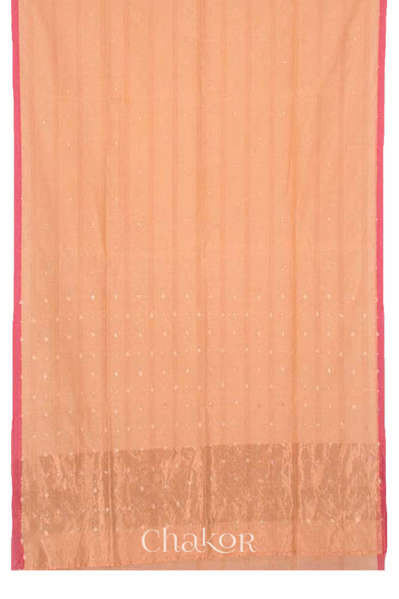 Chakor's Peach Handloom Silk Cotton Saree with woven fine zari stripes and embroidery.