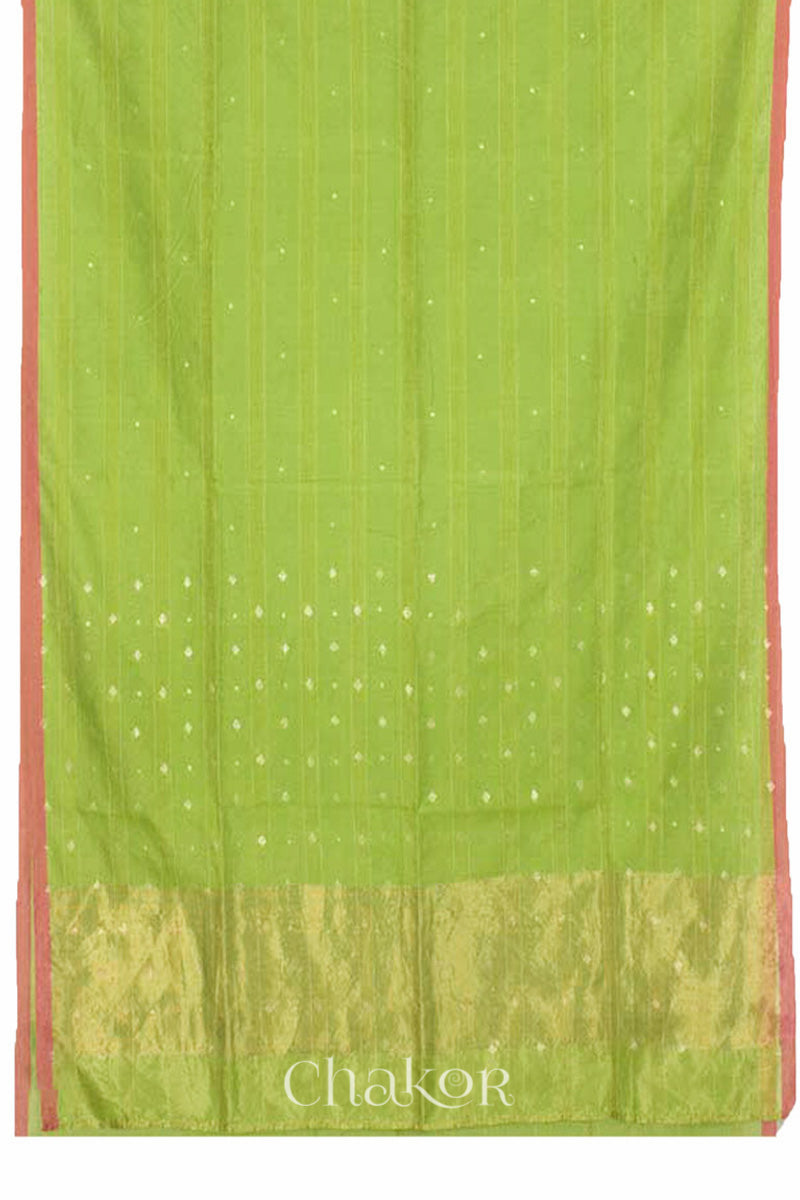 Chakor's Lime Green Handloom Silk Cotton Saree with woven fine zari stripes and embroidery.