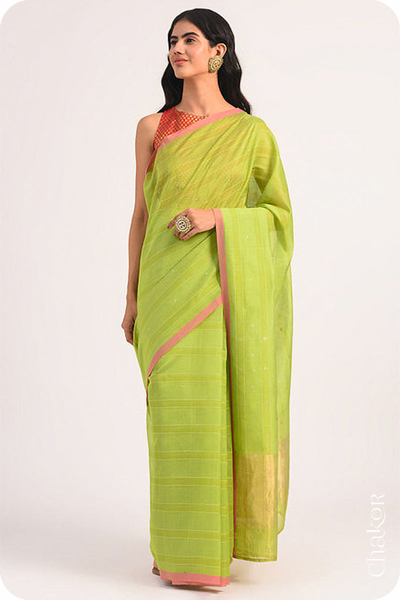 Chakor's Lime Green Handloom Silk Cotton Saree with woven fine zari stripes and embroidery.