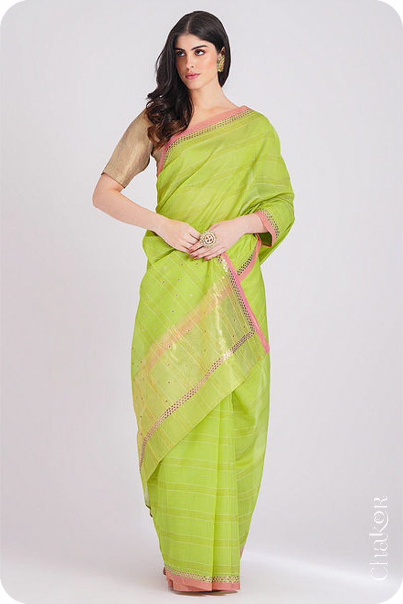 Chakor's Lime Green Handloom Silk Cotton Saree with woven fine zari stripes and embroidery.