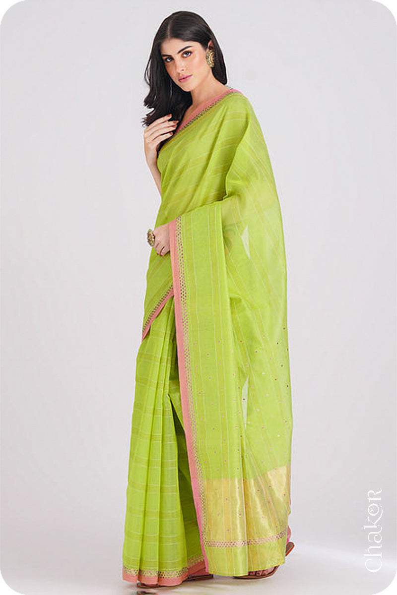 Chakor's Lime Green Handloom Silk Cotton Saree with woven fine zari stripes and embroidery.