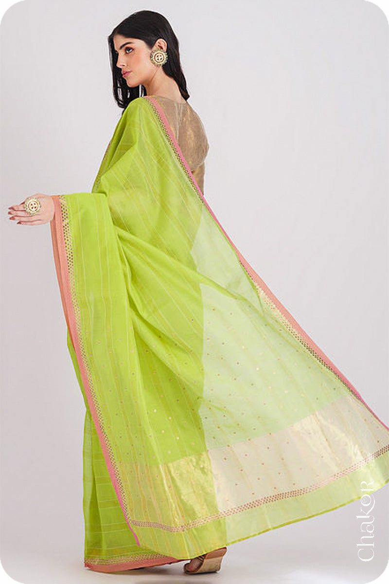 Chakor's Lime Green Handloom Silk Cotton Saree with woven fine zari stripes and embroidery.