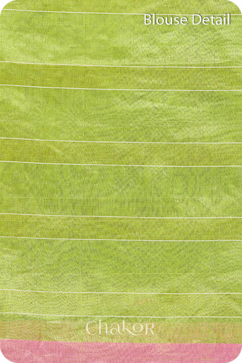 Chakor's Lime Green Handloom Silk Cotton Saree with woven fine zari stripes and embroidery.