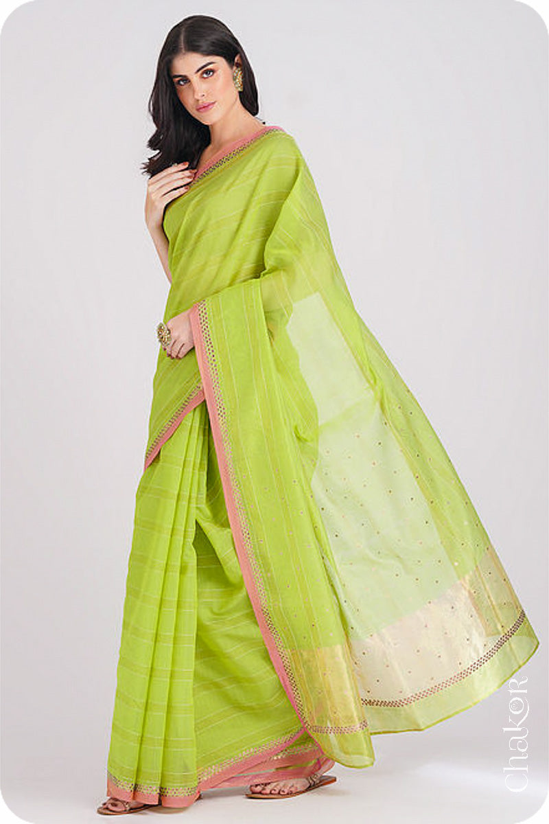 Chakor's Lime Green Handloom Silk Cotton Saree with woven fine zari stripes and embroidery.