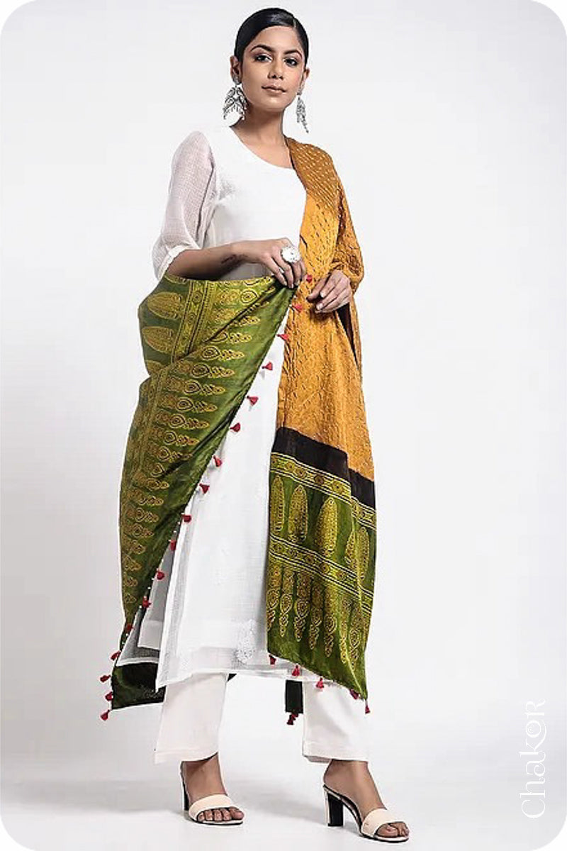 Mustard Green Bandhani Ajrakh Silk Dupatta