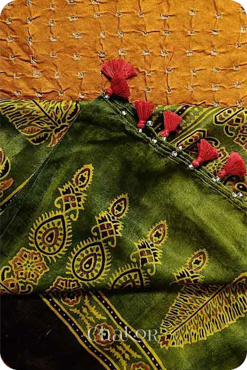 Mustard Green Bandhani Ajrakh Silk Dupatta