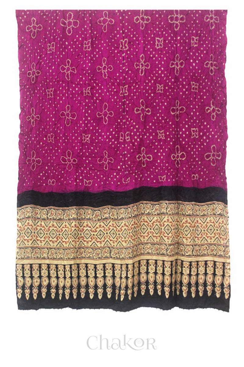 Pink Black Bandhani Ajrakh Silk Dupatta