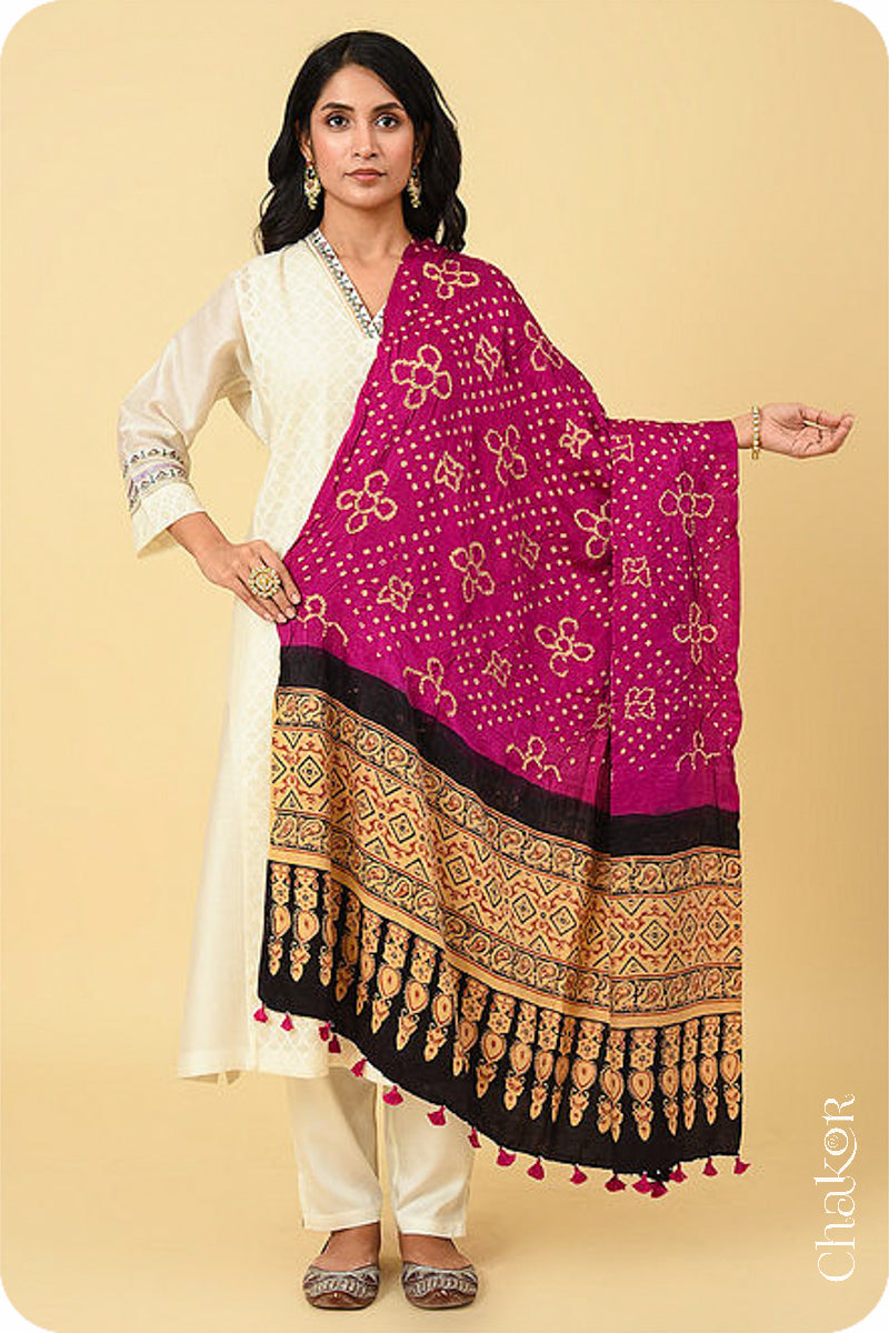 Pink Black Bandhani Ajrakh Silk Dupatta