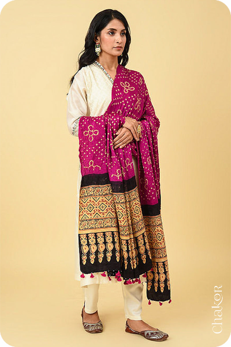 Pink Black Bandhani Ajrakh Silk Dupatta