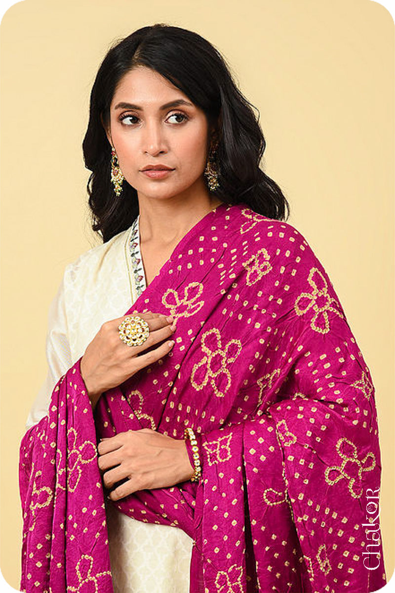 Pink Black Bandhani Ajrakh Silk Dupatta