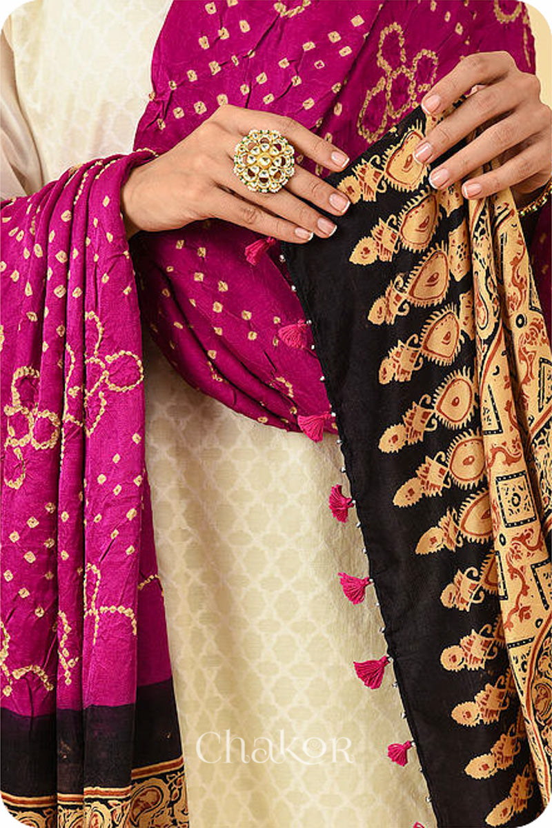 Pink Black Bandhani Ajrakh Silk Dupatta