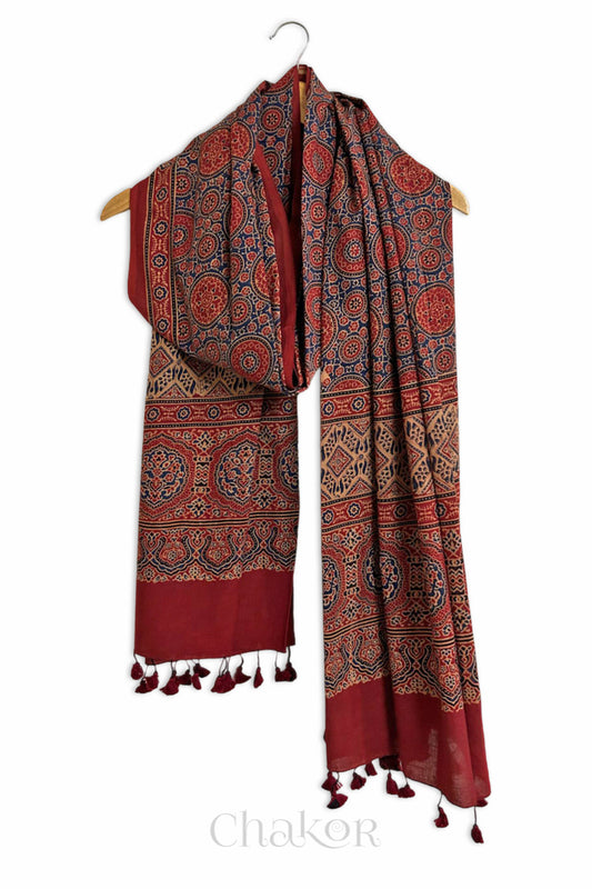 Natural dyed Red Indigo Traditional Ajrakh cotton dupatta with tassels from Chakor.