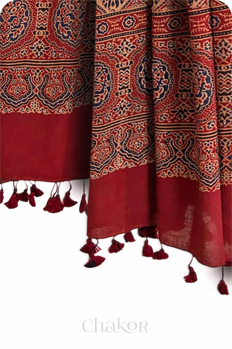 Natural dyed Red Indigo Traditional Ajrakh cotton dupatta with tassels from Chakor.