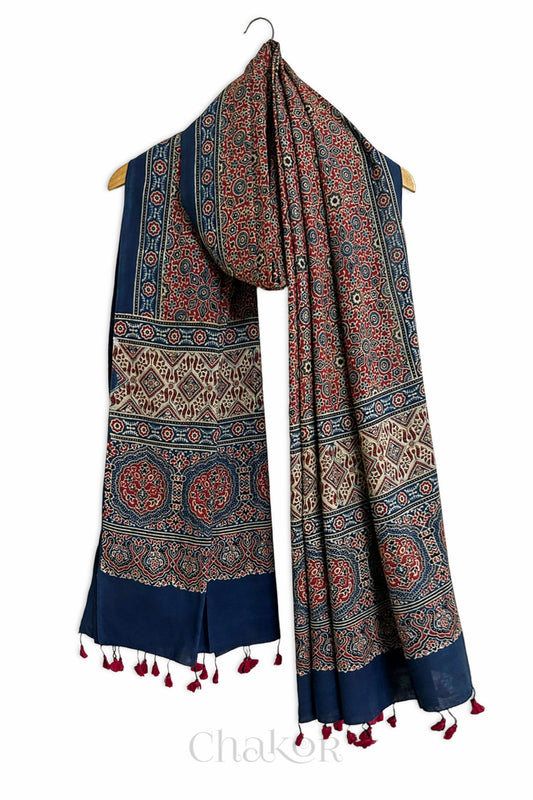 Natural dyed Indigo Red Traditional Ajrakh cotton dupatta with tassels from Chakor.