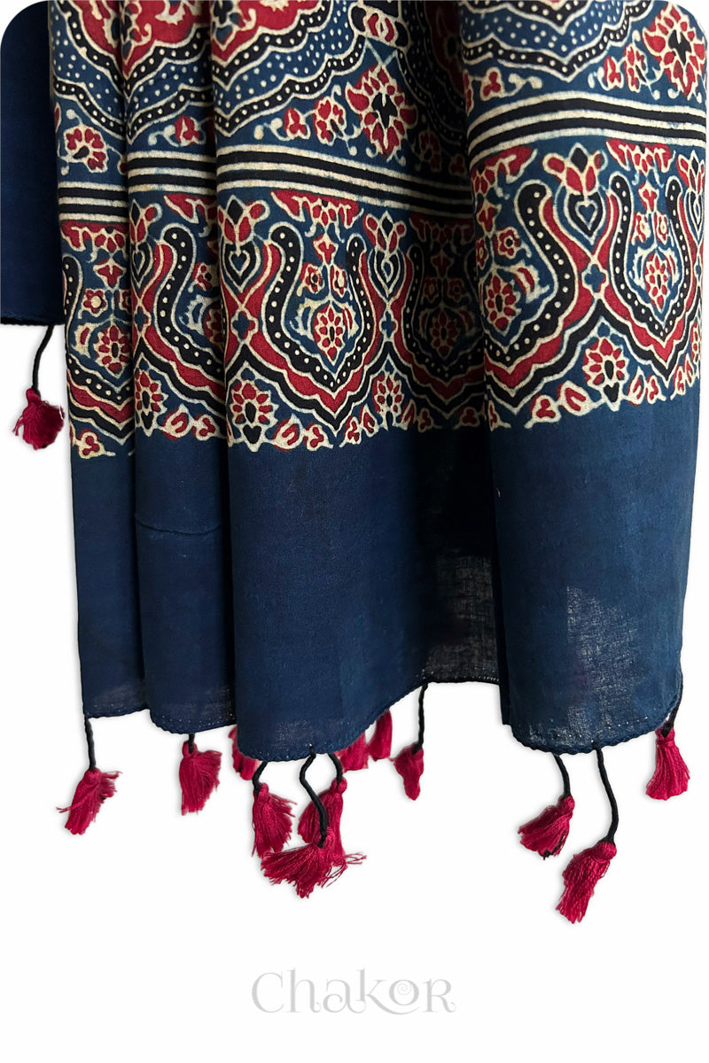 Natural dyed Indigo Red Traditional Ajrakh cotton dupatta with tassels from Chakor.