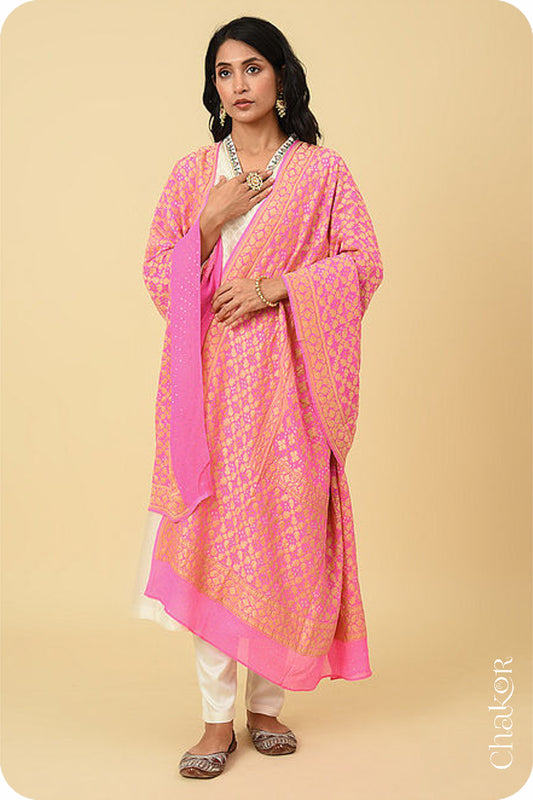 Pink Banarasi Silk Bandhani Dupatta