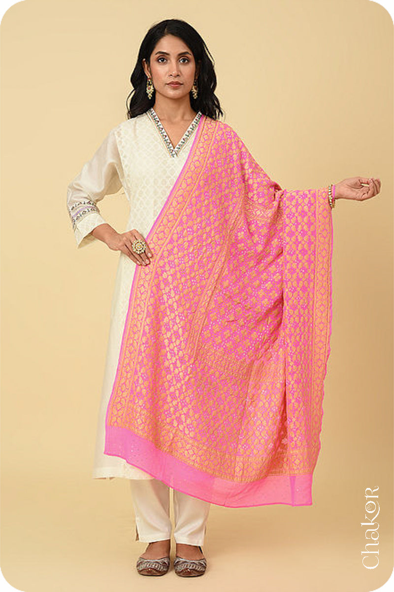 Pink Banarasi Silk Bandhani Dupatta