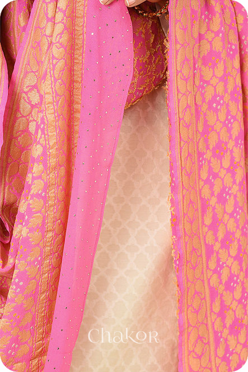 Pink Banarasi Silk Bandhani Dupatta