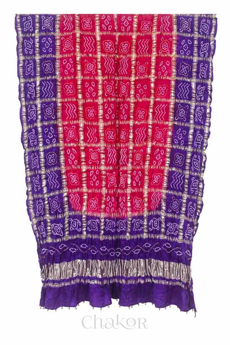 Pink Purple Bandhani Gharchola Gaji Silk Dupatta