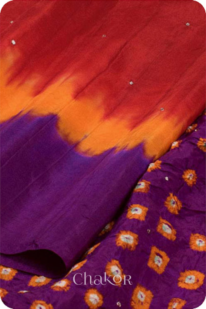 Chakor's traditional Red Purple Bandhani pure silk saree with mukaish embroidery