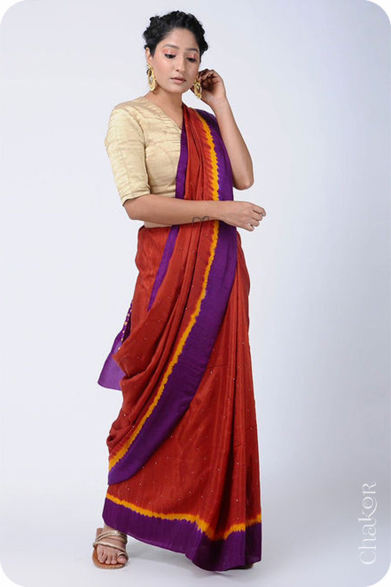 Chakor's traditional Red Purple Bandhani pure silk saree with mukaish embroidery