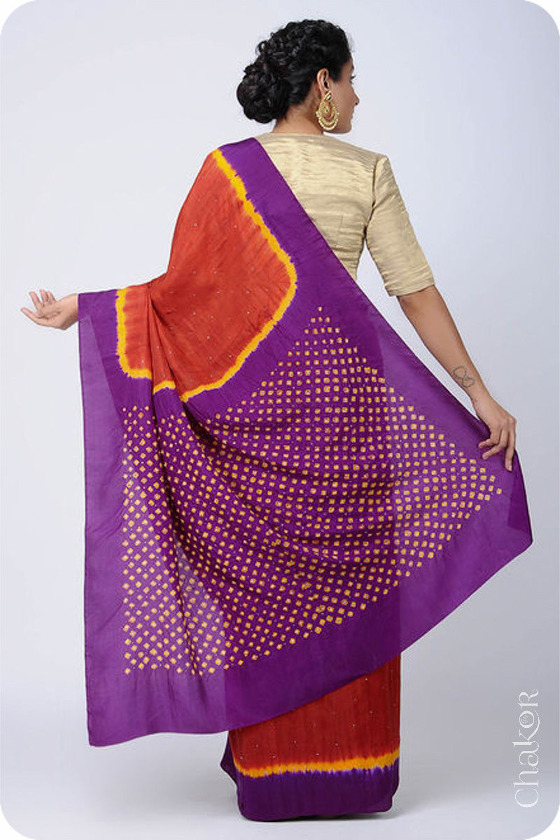 Chakor's traditional Red Purple Bandhani pure silk saree with mukaish embroidery