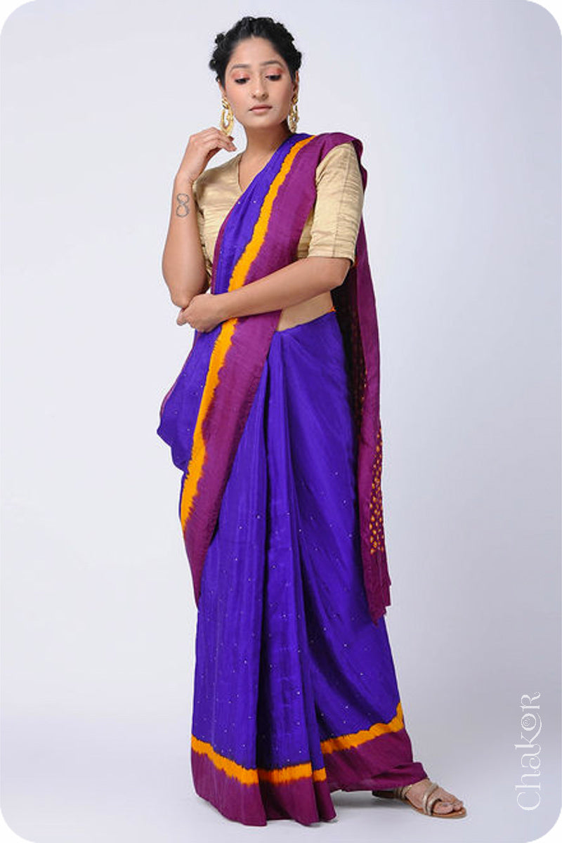 Chakor's traditional Magenta Purple bandhani pure silk saree with mukaish embroidery