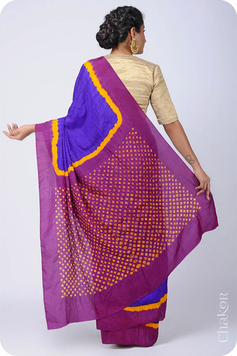 Chakor's traditional Magenta Purple bandhani pure silk saree with mukaish embroidery