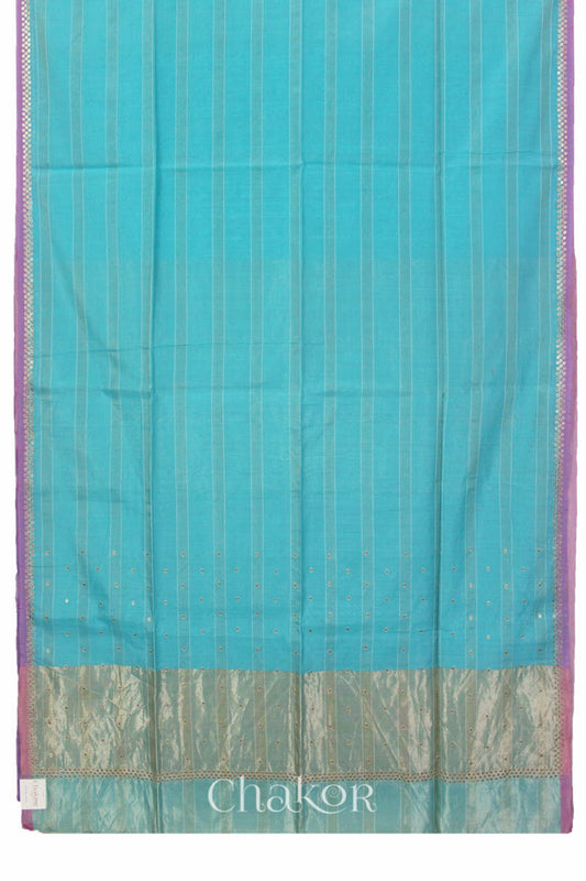 Chakor's Blue Handloom Silk Cotton Saree with woven fine zari stripes and embroidery.