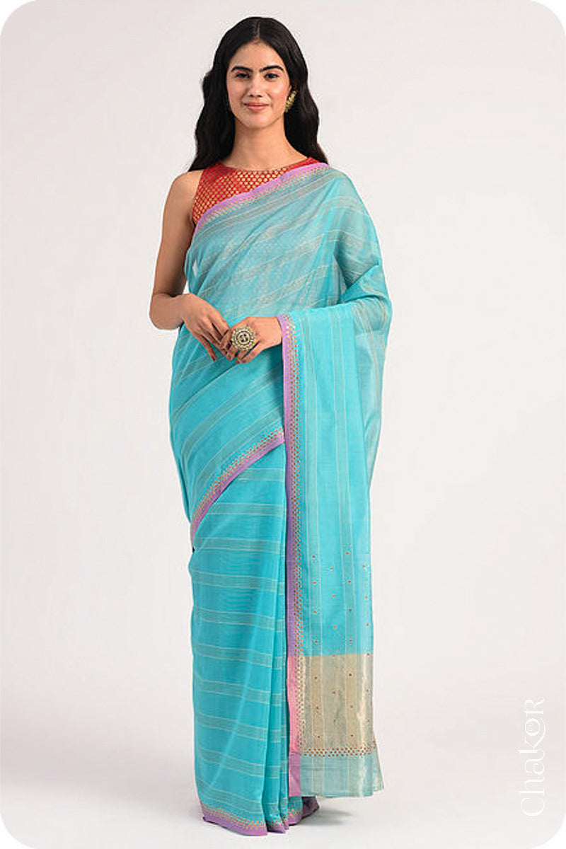 Chakor's Blue Handloom Silk Cotton Saree with woven fine zari stripes and embroidery.