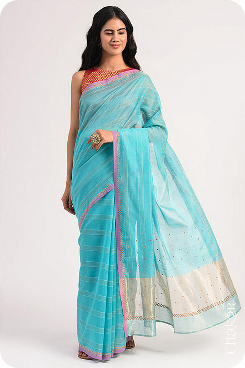 Chakor's Blue Handloom Silk Cotton Saree with woven fine zari stripes and embroidery.