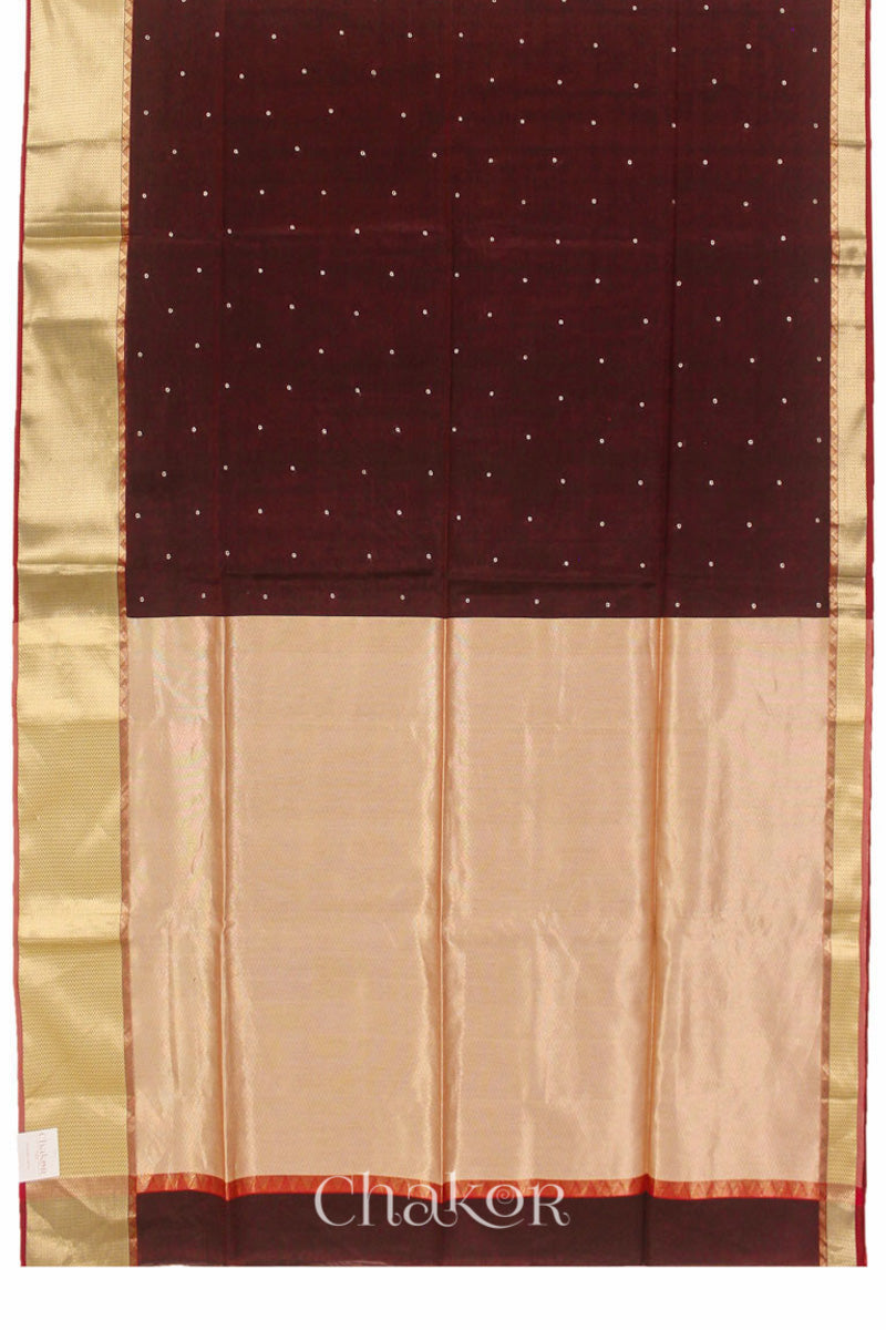 Chakor's Maroon Handloom Silk Cotton Saree with woven textured zari border and embroidery.