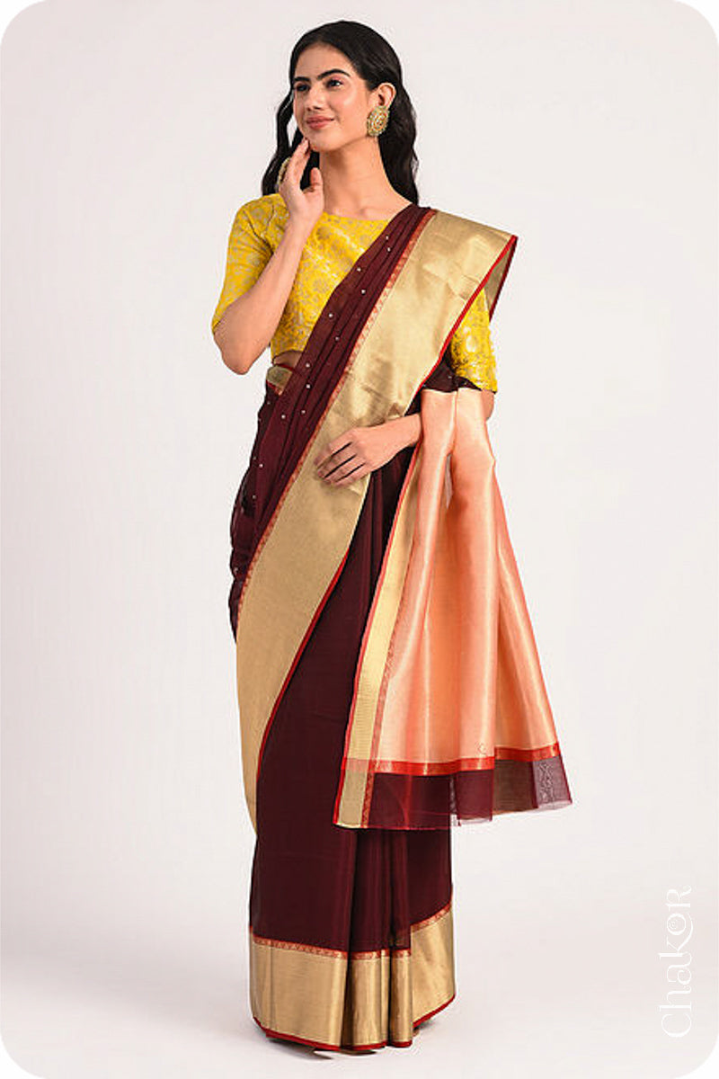 Chakor's Maroon Handloom Silk Cotton Saree with woven textured zari border and embroidery.