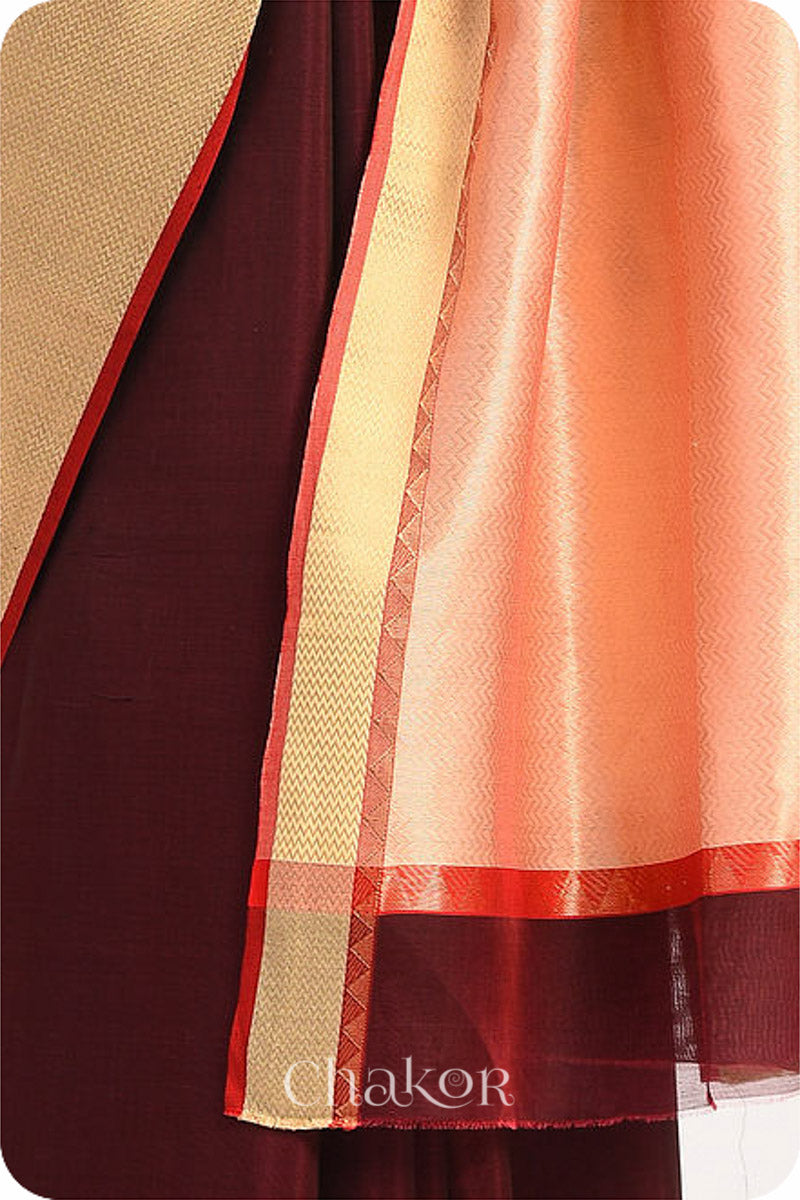 Chakor's Maroon Handloom Silk Cotton Saree with woven textured zari border and embroidery.