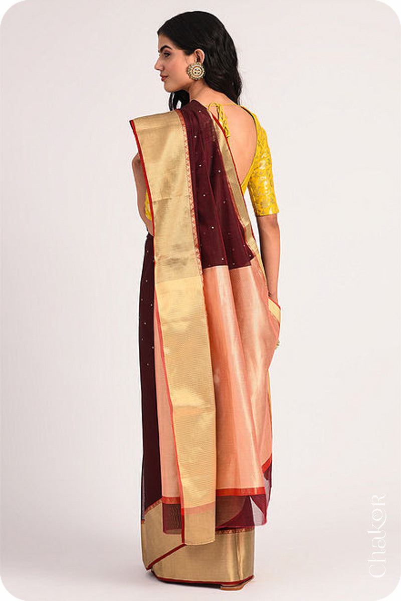 Chakor's Maroon Handloom Silk Cotton Saree with woven textured zari border and embroidery.