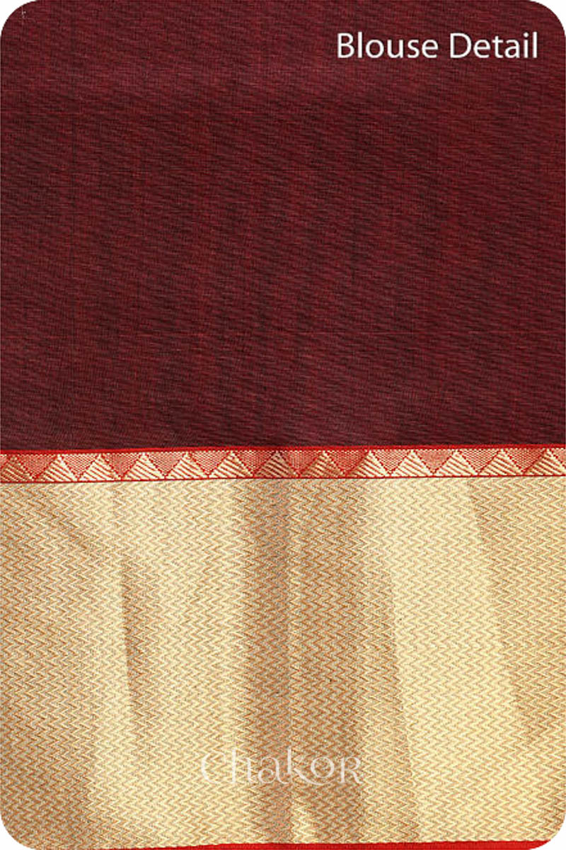 Chakor's Maroon Handloom Silk Cotton Saree with woven textured zari border and embroidery.