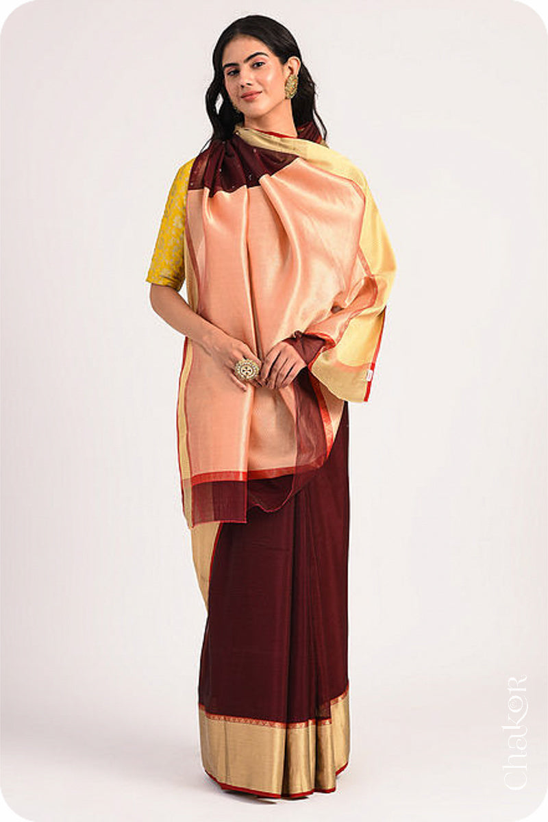 Chakor's Maroon Handloom Silk Cotton Saree with woven textured zari border and embroidery.