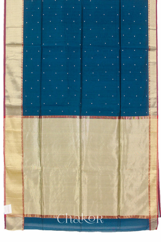 Chakor's Blue Handloom Silk Cotton Saree with woven textured zari border and embroidery.