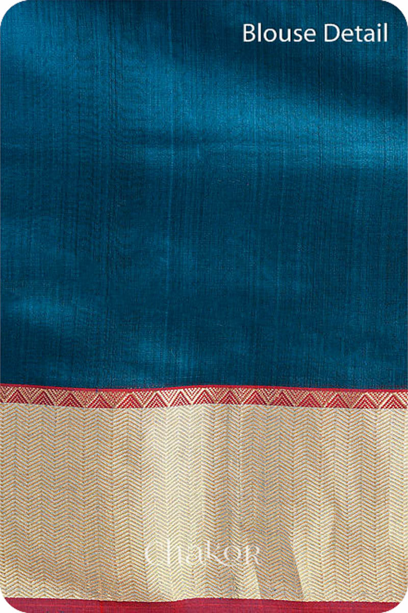 Chakor's Blue Handloom Silk Cotton Saree with woven textured zari border and embroidery.