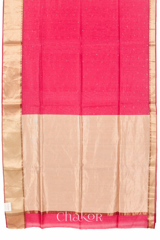 Chakor's Pink Handloom Silk Cotton Saree with woven textured zari border and mukaish embroidery.