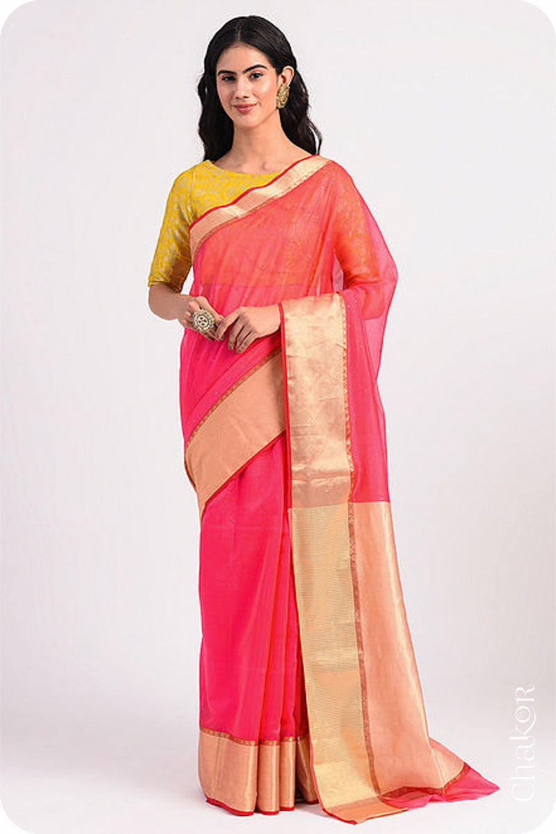 Chakor's Pink Handloom Silk Cotton Saree with woven textured zari border and mukaish embroidery.