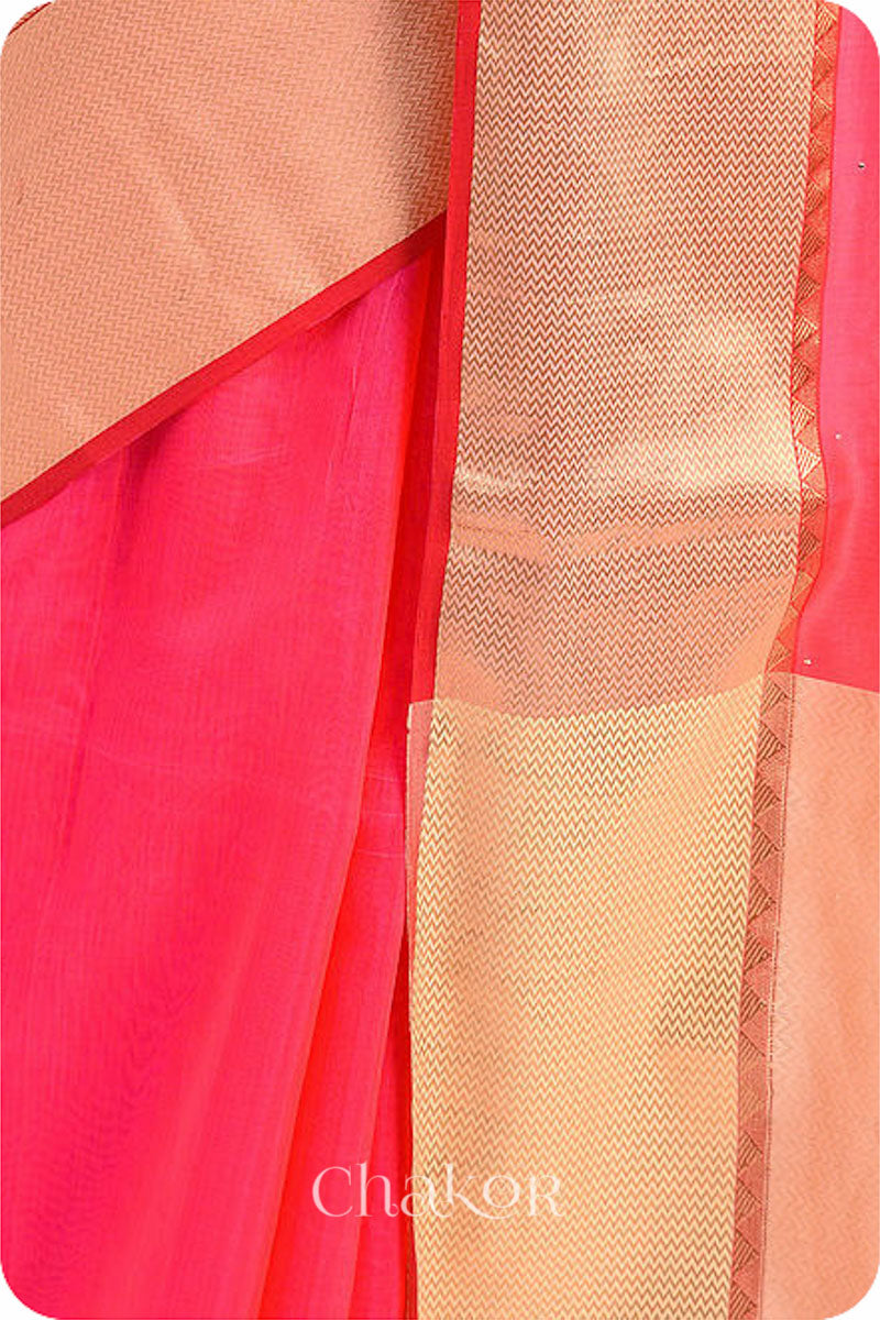 Chakor's Pink Handloom Silk Cotton Saree with woven textured zari border and mukaish embroidery.