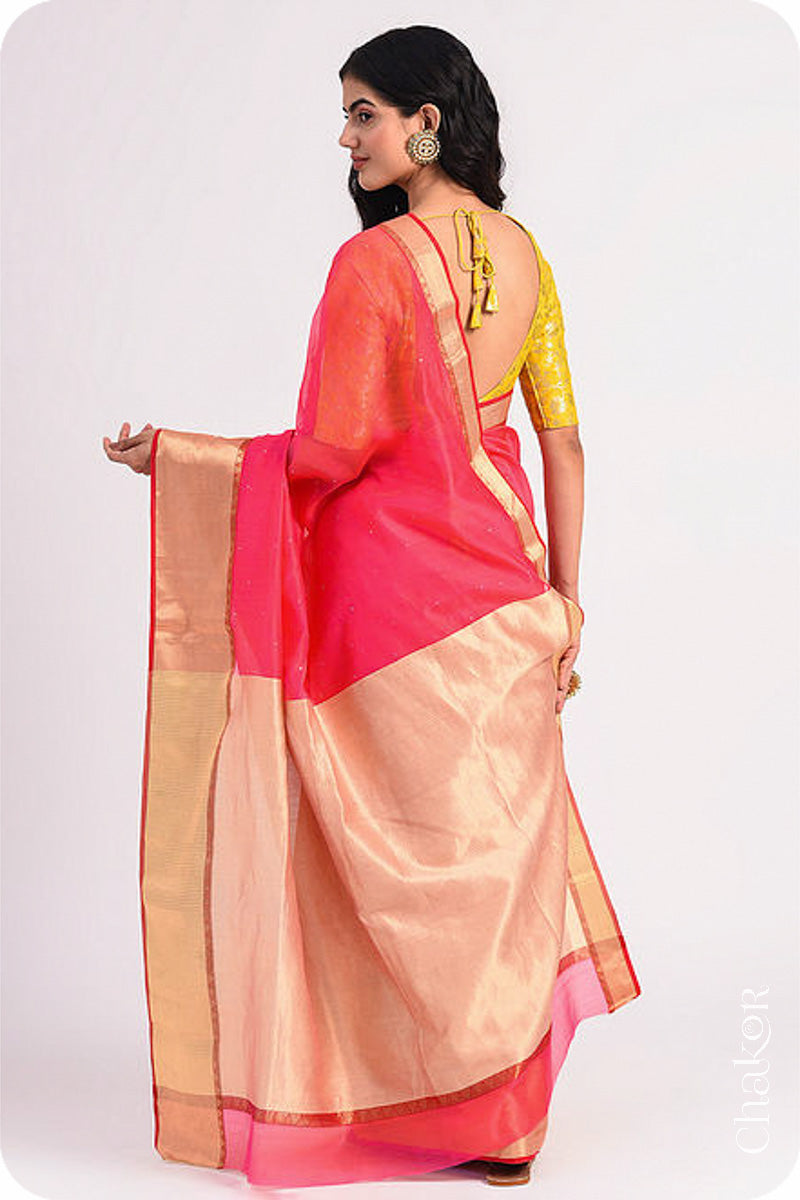 Chakor's Pink Handloom Silk Cotton Saree with woven textured zari border and mukaish embroidery.